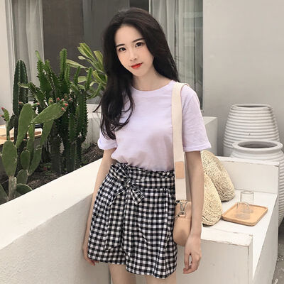 

Korean Summer Tshirt set Women Solid T-shirt Plaid Belt Shorts Loose Shorts Suit 2 Piece Set Women