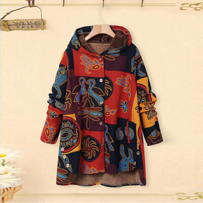 

Toponeto Plus Size Women Winter Warm Printed Pockets Thicker Zipper Hooded Coat Outwear