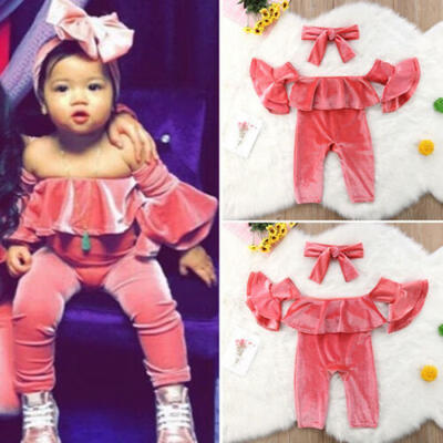 

US Kids Baby Girl Velvet Ruffle Off Shoulder Romper Jumpsuit 2PCS Outfit Clothes