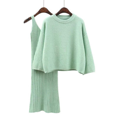 

Women Knitted Long Skirt Two-Piece Solid Color O Neck Pullover Slim Autumn Winter 2PCS Set