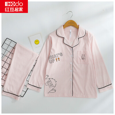 

Red bean home Hodohome childrens pajamas boys&girls cotton long-sleeved stripes big children spring&autumn models home service suit girls pink 16080
