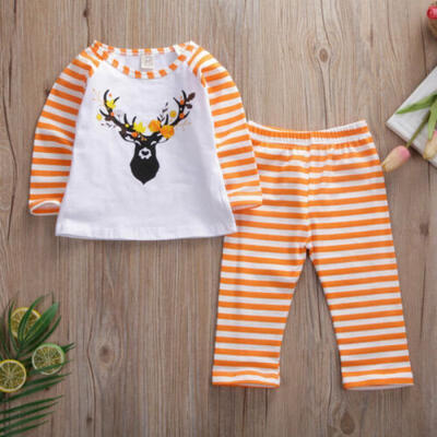 

2pcs Toddler Kid Baby Girl Christmas Clothes Deer Tops Shirt Stripe Pants Outfit