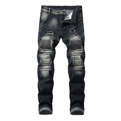 

Gobestart Mens New Fashion Elastic Personality Motorcycle Style Patchwork Denim Trousers
