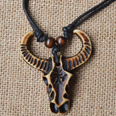 

Cool Punk Men Bull Head Ox Horn Pendant Necklace Braided Rope Chain Gift