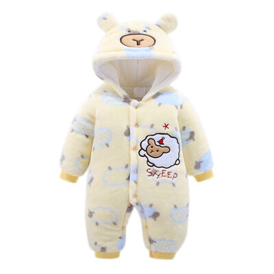 

Newborn Baby Romper Winter Infant Jumpsuit Thick Warm Baby Boy Girl Clothes Flannel Cartoon Print Hoodie Rompers 3-12M