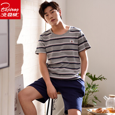 

Arctic velvet mens pajamas summer short-sleeved cotton thin section out loose XL summer youth cotton suit home service 2004 blue XL
