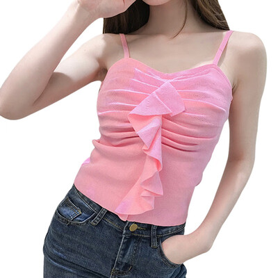 

Womens Summer Sexy Vest Vintage Solid Ruffles Knitted Comfortable Fashion Sleeveless Casual Tank Top Camisole New Arrival