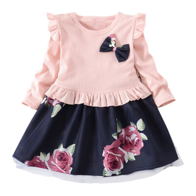 

2019 Autumn Spring Kids Children Baby Girls Long Sleeve Dresses Casual Flower Infant Cute Patchwork Pageant Sundress New 2019