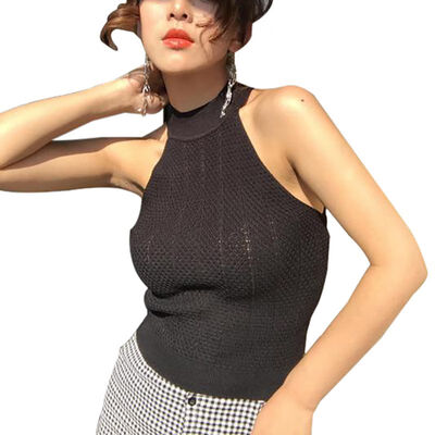

Women Korean Halter Sleeveless High Neck Hanging Neck Knitted Tank Top Slim