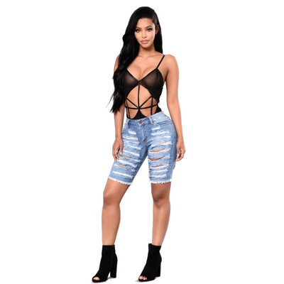 

Women Sexy Torn Frayed Jeans Fashion Casual High Waist Ripped Hole Hollow Out Jeans Slim Fit Fifth Denim Distressed Shorts