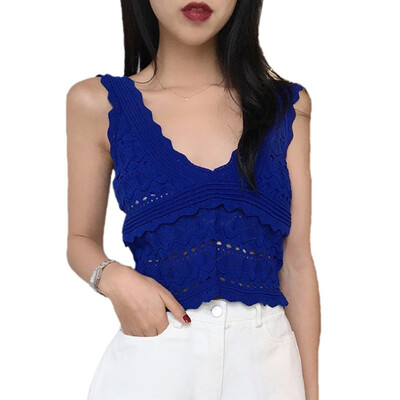 

Women Korean Style Sexy Hollow Out V-Neck Tank Top Summer Knitted Sleeveless Beachwear Crop Top