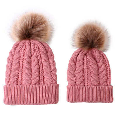 

Womens Mother Baby Matching Knitting Pom Bobble Hat Kids Winter Warm Beanie Cap