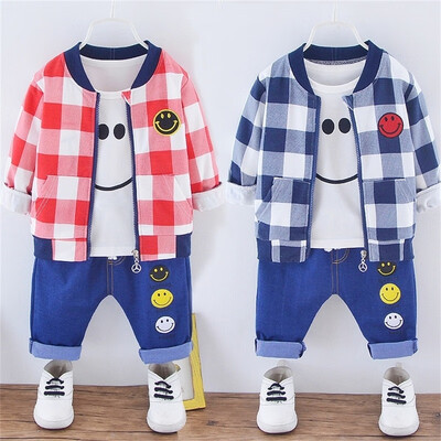 

Spring Autumn 3-piece Set Boys Long Sleeve Plaid Casual Suits