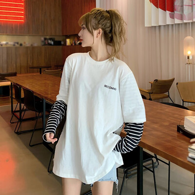 

Autumn Fake Two Pieces T-shirt Long-sleeved Female Korean Preppy Loose Casual Basic Stitch Tee Shirt Femme