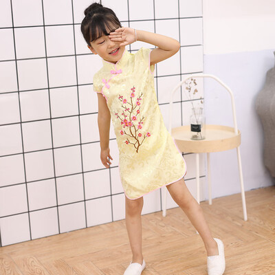 

Baby Girl Dress Rose Embroidery Short Sleeve Slim Traditional Dress Cheongsam Child Girls Clothes Chinese Style