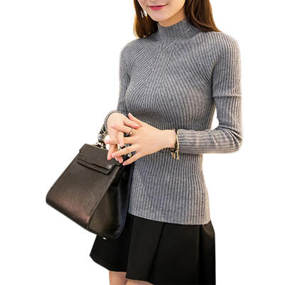

Solid Color Sweater High Neck Knitted Jumper Women Long Sleeve Slim Tops