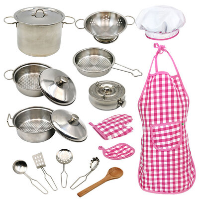 

18pcs Toddlers Kitchenware 304 Stainless Steel Pots Pans Children Cookware Kids Pretend Cooking Toys