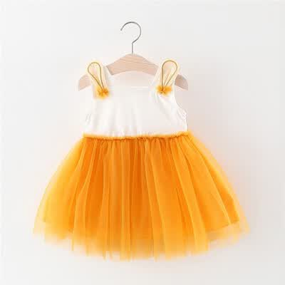 

Summer Baby Girls Casual Sleeveless Strap Dress With Rabbit Ear Design Cotton Kids Toddler Mesh Sundress