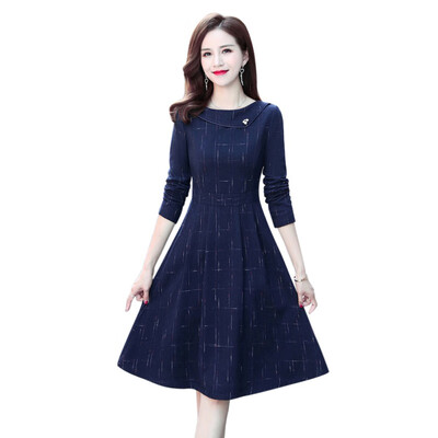 

Women Dress Blue 34 Sleeves Solid Spring Summer Vintage Knee-Length A-line Casual Dress Elegant fashion Party Vestidos