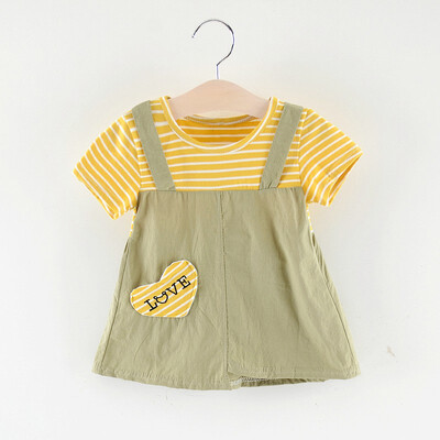 

Children Girls Summer Dress Stirped Print Cute Print Fake Two Piece Bottoming Short Sleeved Sweet Princess Dress