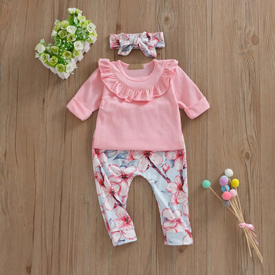

Baby Clothes Set Casual T-Shirt Long Sleeve Tops Flower Printing Pant Trousers Hair Bands Baby Boys Girl Outfits 3pcs