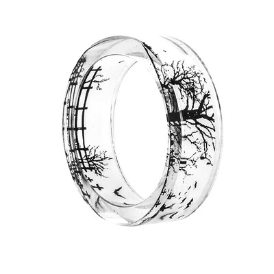 

Resin Rings with Black Tree Bird Bat Landscape Painting Inside Pattern Transparent Ring