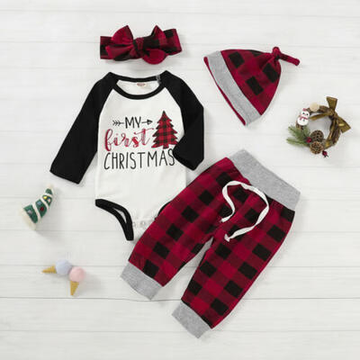 

4PCS Xmas Outfits My 1st Christmas Cotton Clothes Infant Baby Romper TopPants