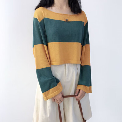 

Hong Kong Style Sweater Stripes Loose Lazy Wind Long-sleeved Sweaters Yellow Strips