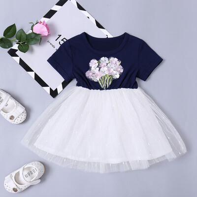 

Baby Girls Summer Short Sleeve Patchwork Flowers Princess Mesh Dress Kids Children High Quality Cute Soft Cotton Clothing Dress