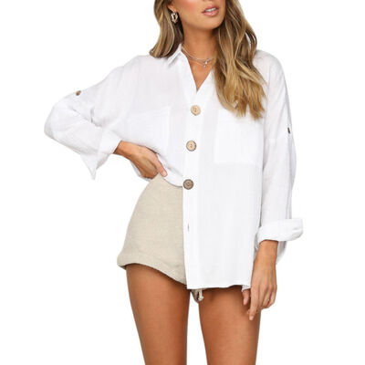 

2019 One Pocket Women Blouse White Shirt Female Blouse Tops Long Sleeve Casual Turn-down Collar OL Style Women Loose Blouses