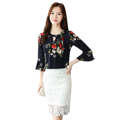 

Summer Autumn Blouse Women Tops Floral Print Shirts Elegant Three Quarter Flare Sleeves Chiffon Blusas Femininas 9176
