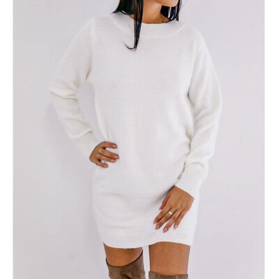 

Women Winter Warm Long Sleeve Solid Sweater Fleece Warm Backless Short Mini Dress
