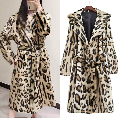 

Tailored Women Fashion Leopard Print Long Sleeve With Belt Long Wool Pellet Coat