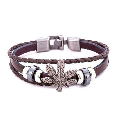 

Fashion Leather Bracelet For Men Vintage Ganja Cannabis Marijuana Leaf Weed Charm Bracelets Bangles