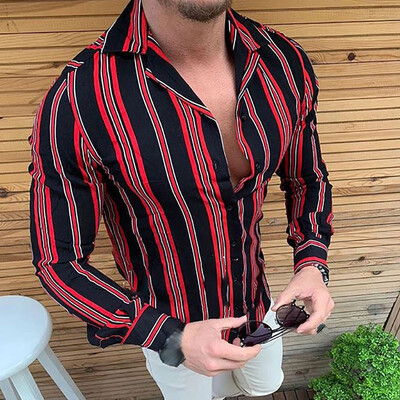 

Mens Vintage Striped Shirt Button Down Autumn Long Sleeve Causal Top Tee Shirt