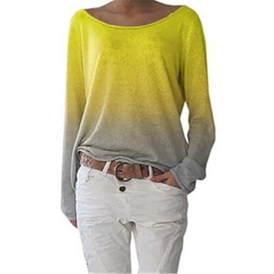 

Autumn Fashion Gradient Color Women Round Neck Long Sleeve Loose T-Shirt Top
