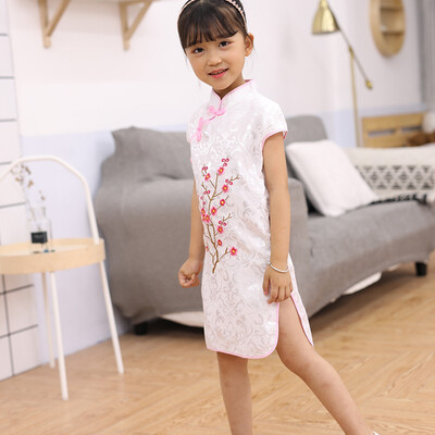 

Baby Girl Dress Rose Embroidery Short Sleeve Slim Traditional Dress Cheongsam Child Girls Clothes Chinese Style