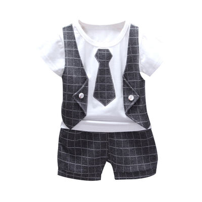

Summer Baby Boys Clothes Short Sleeve Fake 2 Piece Gentle Plaid Print Tops T-shirtShorts Casual Outfits Sets