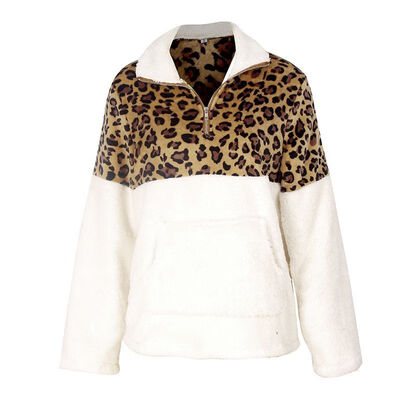 

Women Coat Autumn Stylish Personality All-match Color-blocked Leopard Printed Long Sleeve Zipper Winter Coat Soft Jacket Female