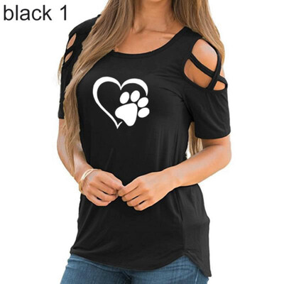 

Summer Casual Paw Print Cross Off Shoulder Short Sleeve O-Neck Women T-Shirt Top