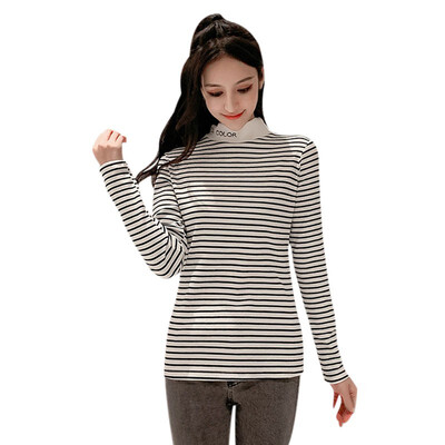 

Women Slim Round Collar Autumn Stripes Tops Print Long Sleeve Casual Simple Wild T-Shirt Black