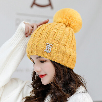 

Hat women fallwinter Korean version of wool ball wool lettering thickened thermal head cap solid color outdoor knit cap wholesale