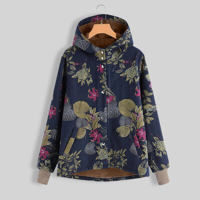 

Toponeto Womens Winter Warm Outwear Floral Print Hooded Pockets Vintage Oversize Coats
