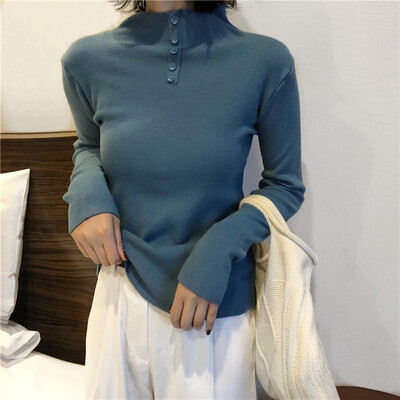 

Autumn Winter New Slim Solid Color Women Sweater Fashion Trend Button Turtleneck Long Sleeve Knit Pullover