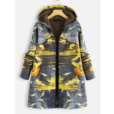 

Toponeto Plus Size Women Winter Warm Printed Pockets Thicker Zipper Hooded Coat Outwear