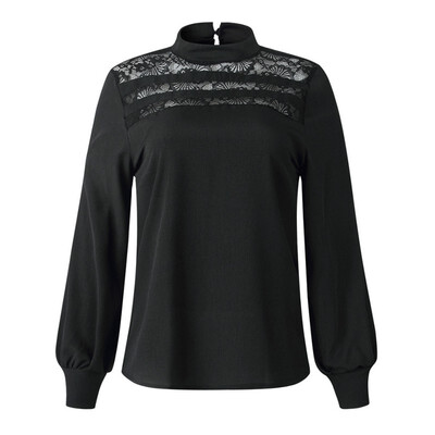 

Women Shirt Sexy Lace Patchwork O-neck Long Sleeves shirt Loose Femme Pullover Shirt