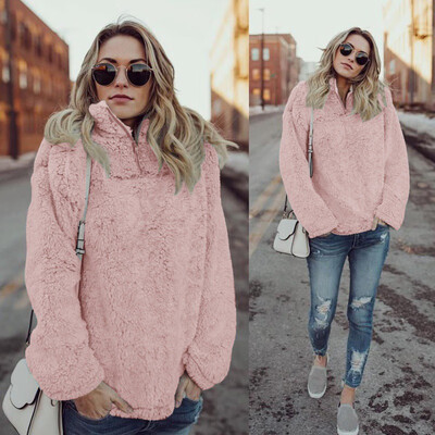 

Plush Sweater Hoodie Female High Collar Zipper Solid Color Hooded Long-Sleeved Fabric Comfortable Khaki Pink Gray Brown Four