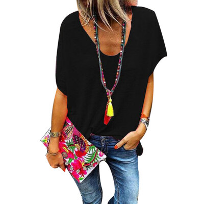 

Plus Size Candy Color V Neck Short Sleeve T-Shirt Summer Tee Women Loose Top