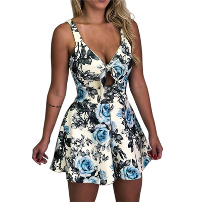

Women Beach Rompers Female 2019 Summer Lace Up Print Floral Casual Short Jumpsuit Sleeveless Bodycon Sexy Party Playsuit