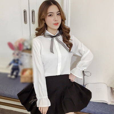 

0White Chiffon Shirt Sweet Lapel Long Sleeves Bow Women Blouse Fashion Flare SleeveAutumn New Korean Style